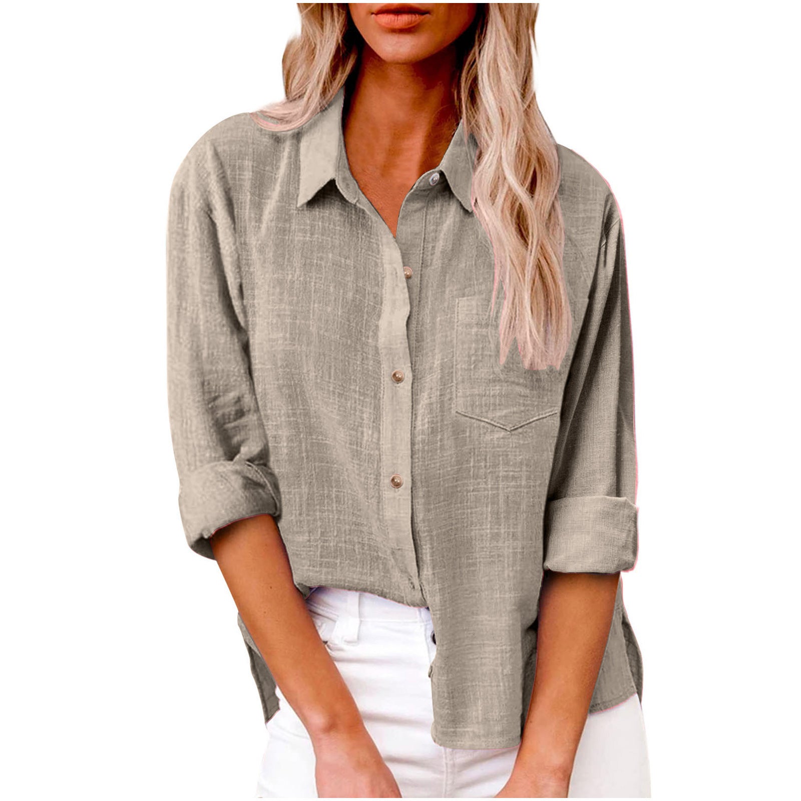 Women's Solid Colored Lapel Button Long-sleeved Cotton Linen Blouse