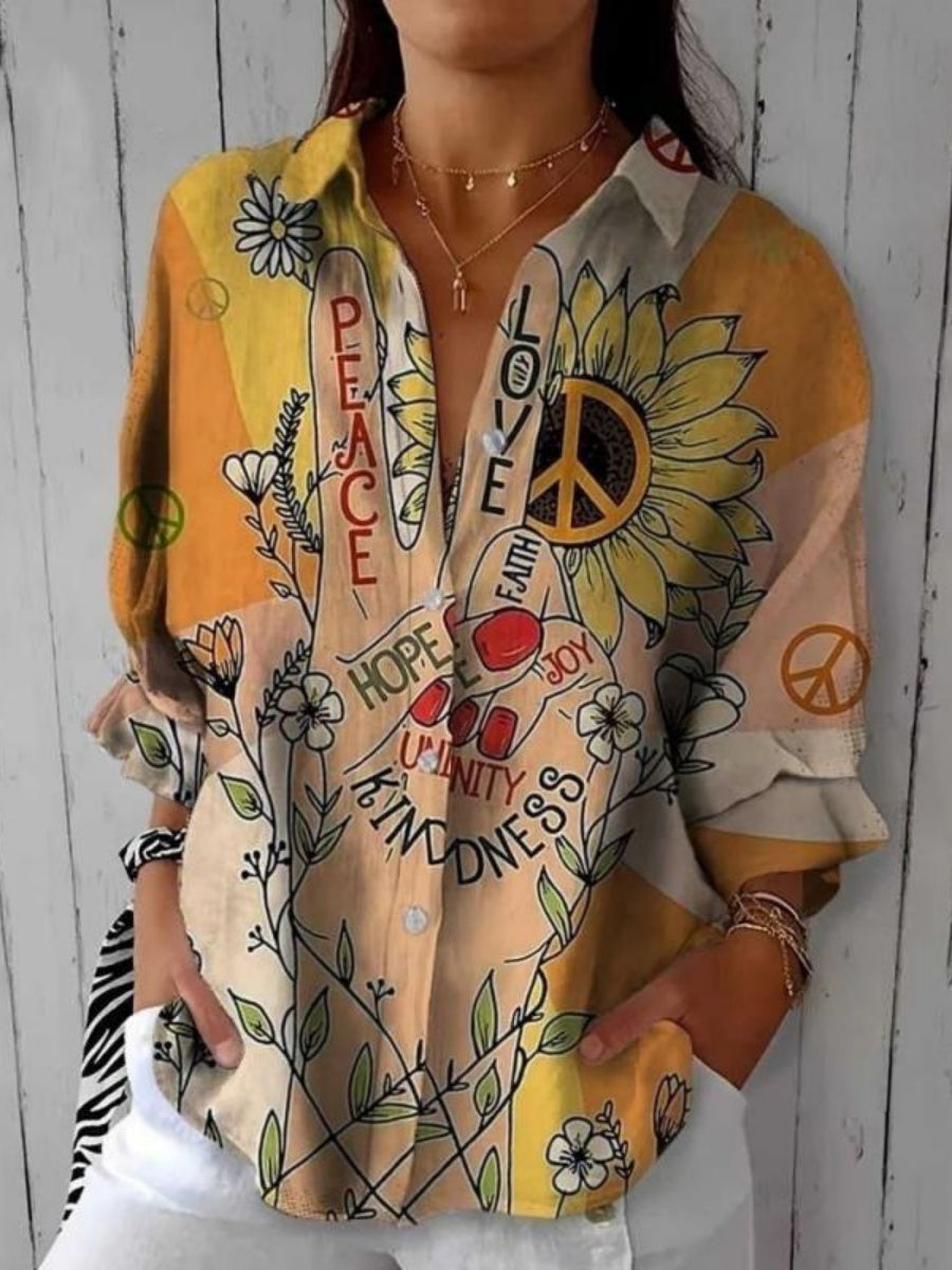 Women's Digital Printing Abstract Pattern Long Sleeve Buckle Blouse