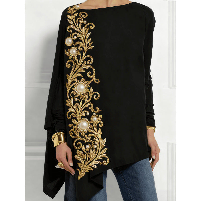 Autumn Irregular Hem Loose Casual Print Batwing Sleeve Bottoming Women's T-shirt