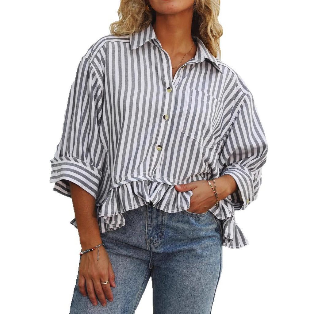Women's Commuter Striped Lace Hem Loose Shirt Half Blouse