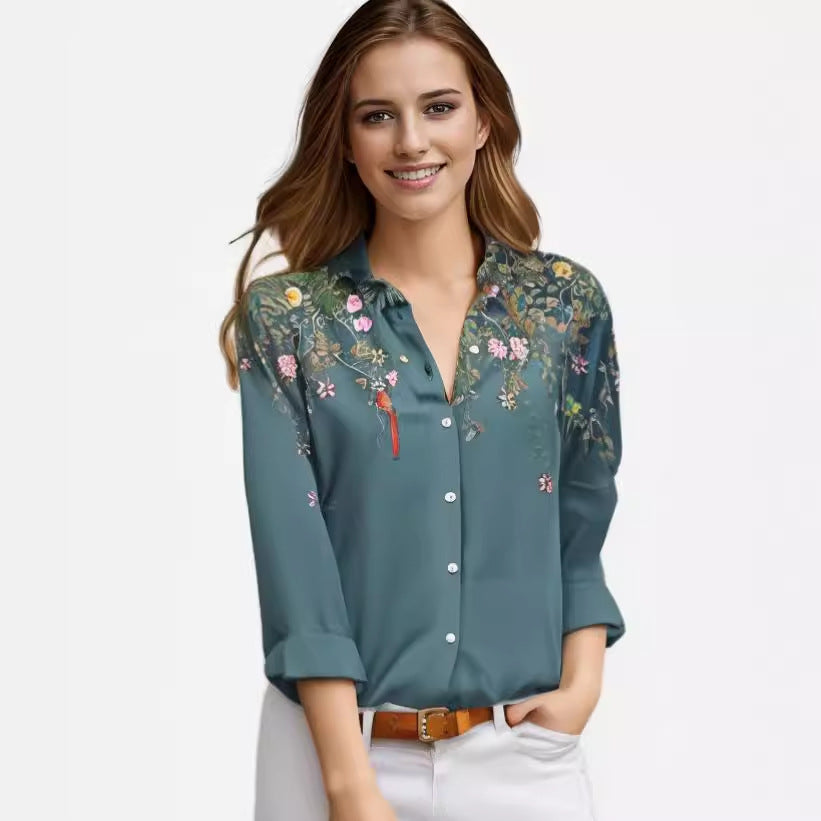 Women's Lapel Long-sleeved Single-breasted Temperament Printed Shirt Blouse