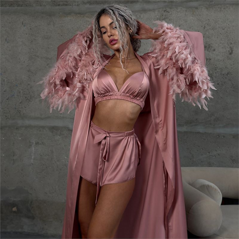 Sexy Satin Nightgown Three-piece Home Wear Underwear Feather Dress