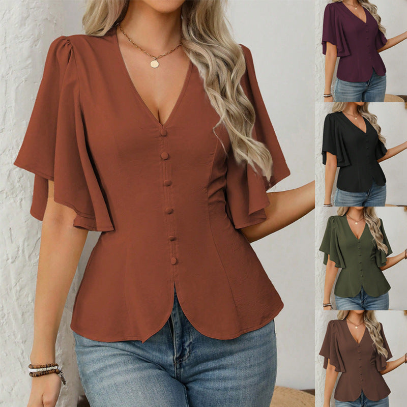 Women's Fashionable Elegant Style Deep Solid Color Single-breasted Waist Tops