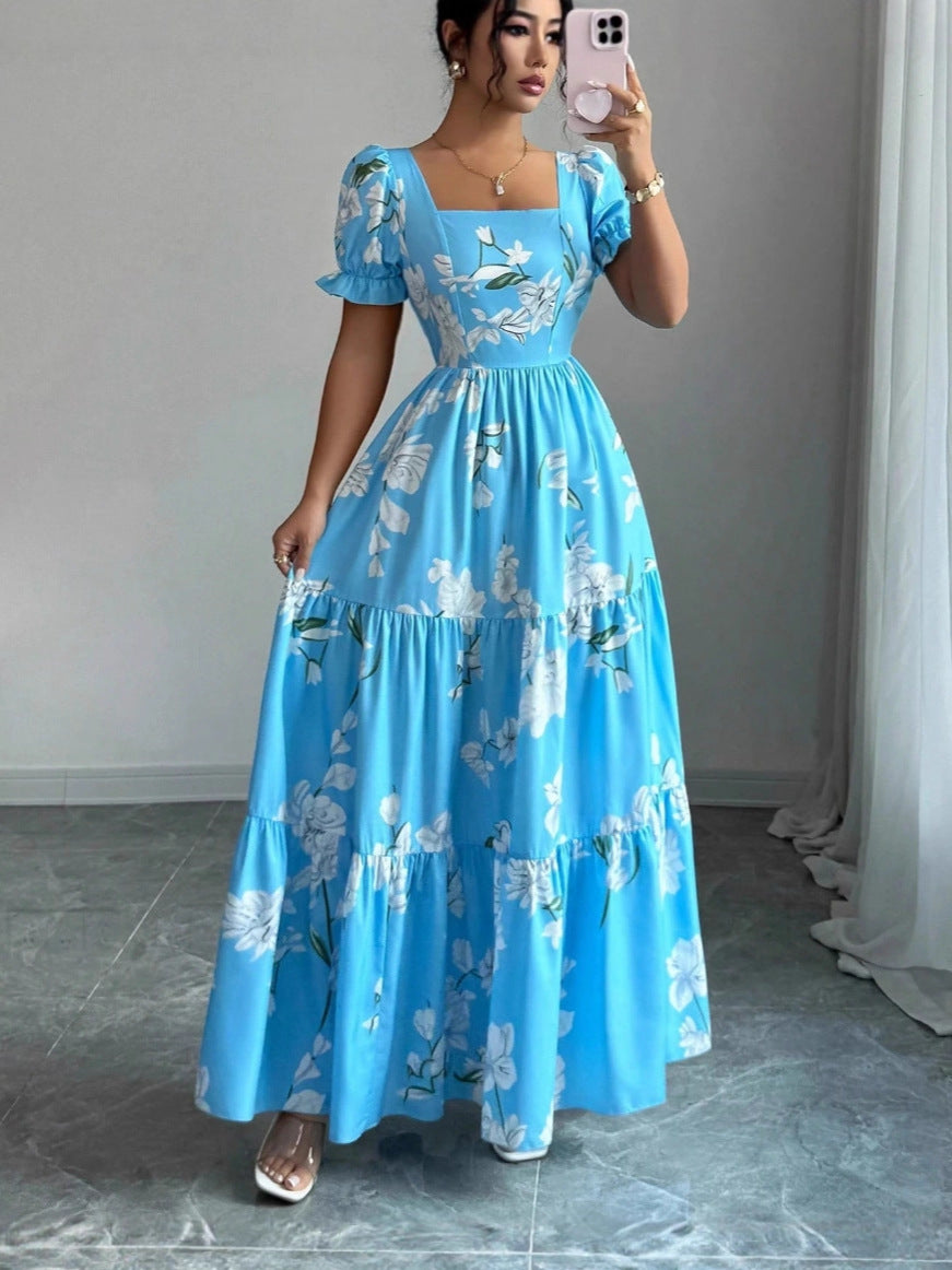 Long Square Collar Flower Print Elegant Dress