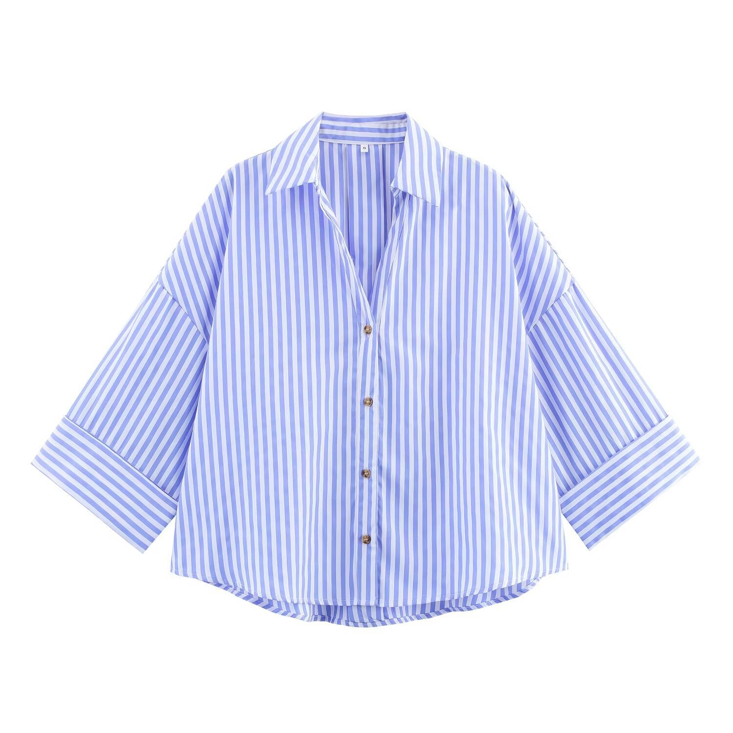 Women's Fashion Casual Lapel Striped Wide Sleeve Shirt Cotton Blouse