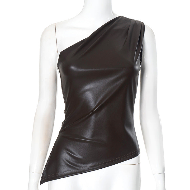 Women's Solid Color Sleeveless Diagonal Collar Zipper Tops