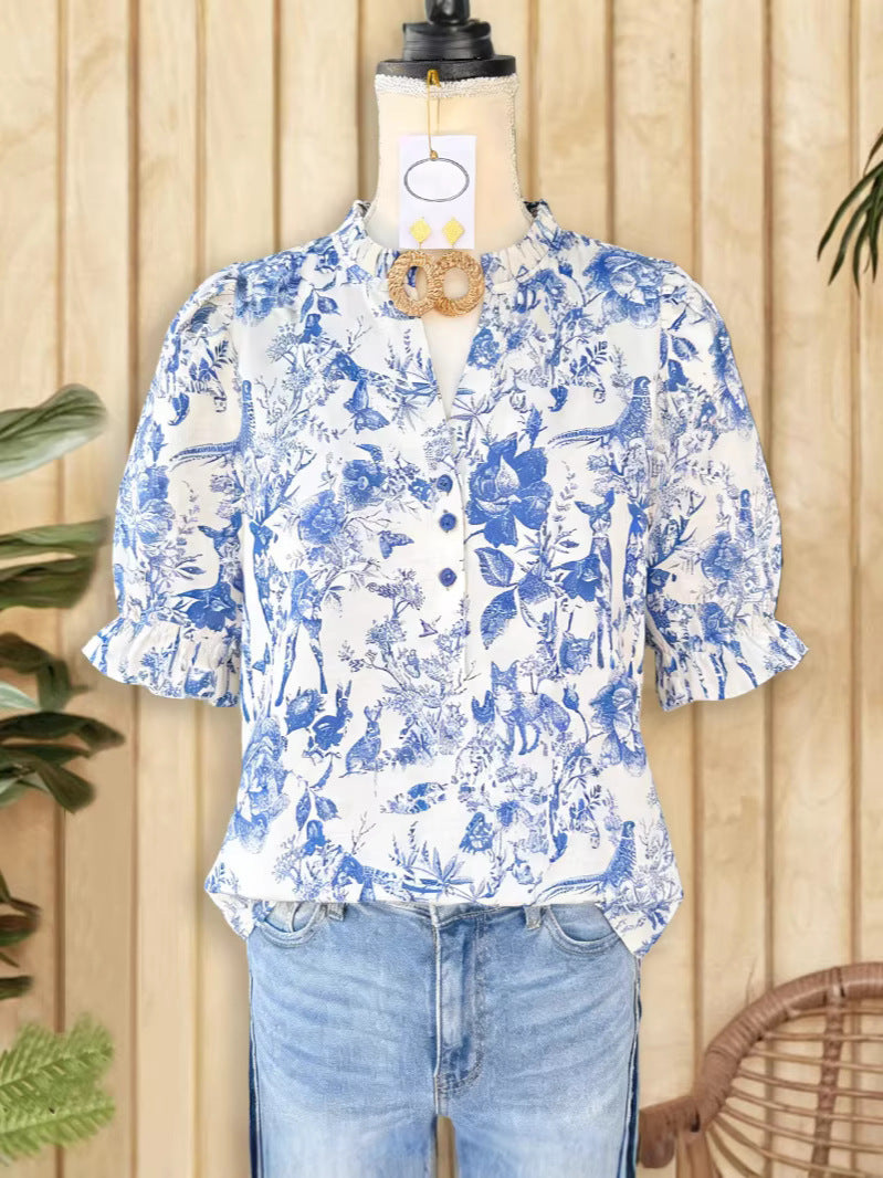 Women's French Style Temperament Wooden Ear Collar Slimming Solid Color Puff Blouse