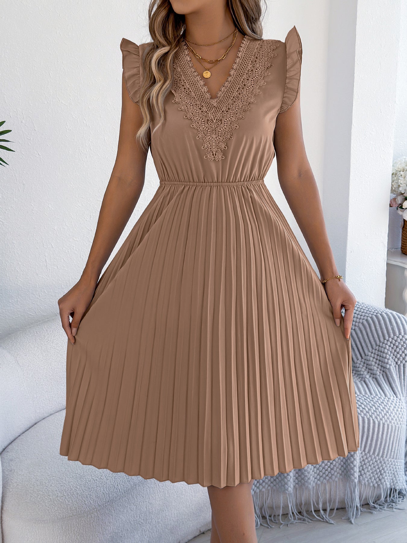 Women's Casual Lace Ruffled Cinched Pleated Dress