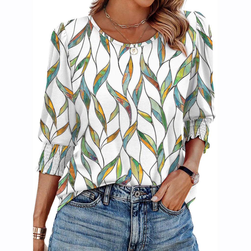 Women's Autumn Loose Casual Print Sleeve Crew Women's T-shirt