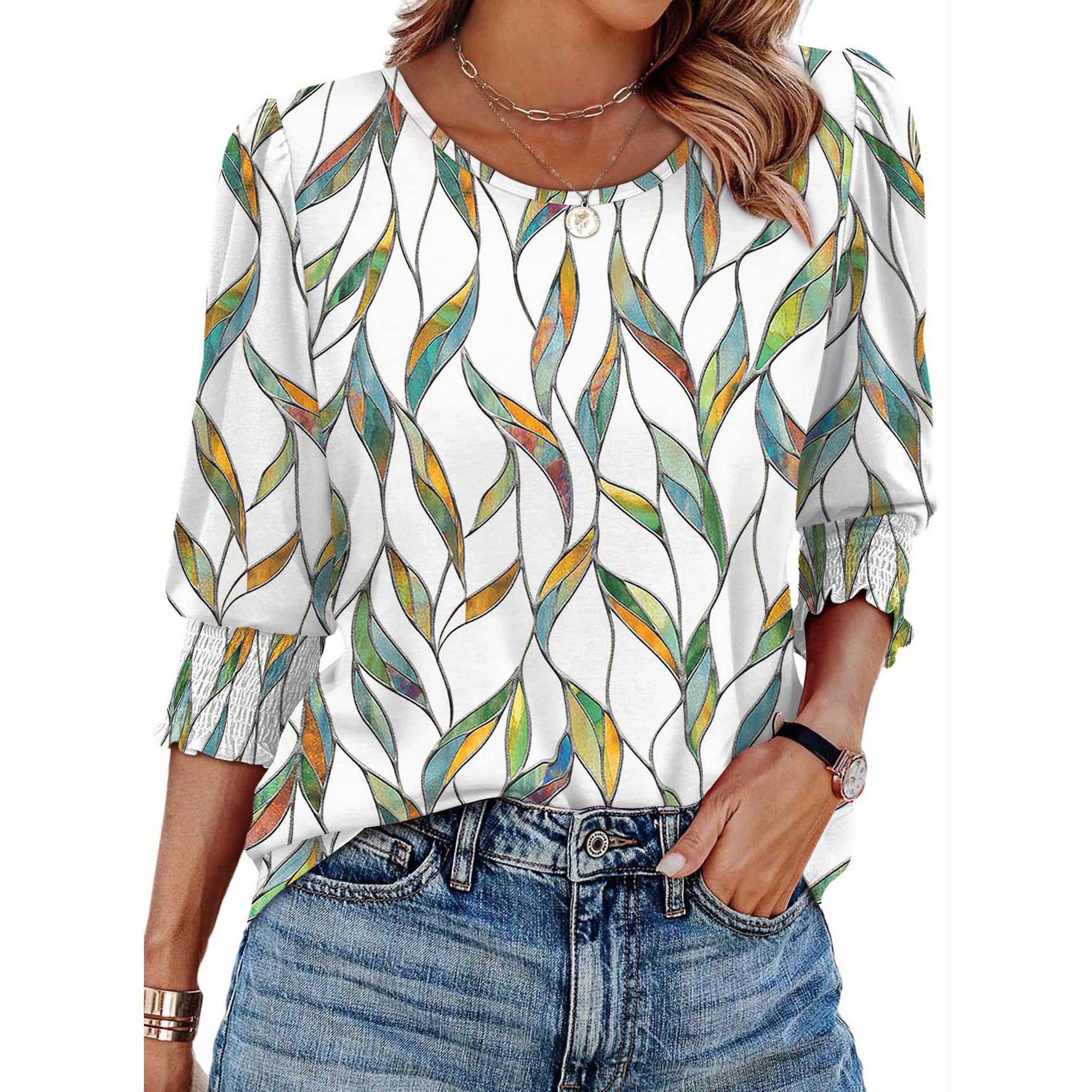 Women's Autumn Loose Casual Print Sleeve Crew Women's T-shirt