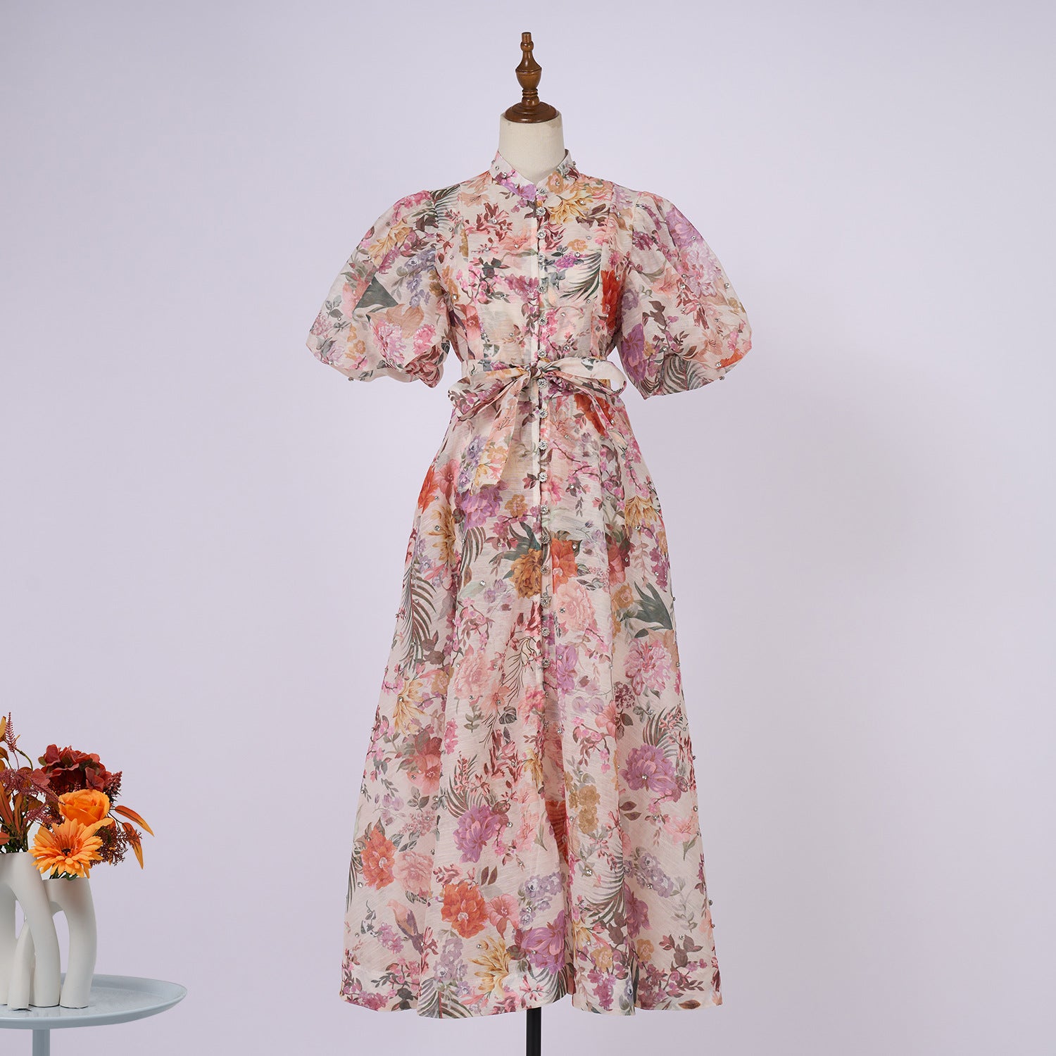 Summer Palace Style High Design Sense Rhinestone Sleeve Single-breasted Long Dress