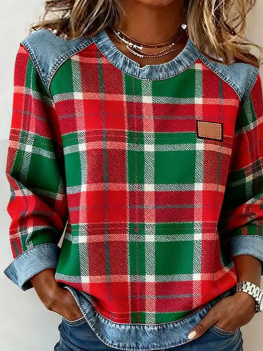 Women's Plaid Stitching Denim Round Neck Loose-fitting Source Sweaters