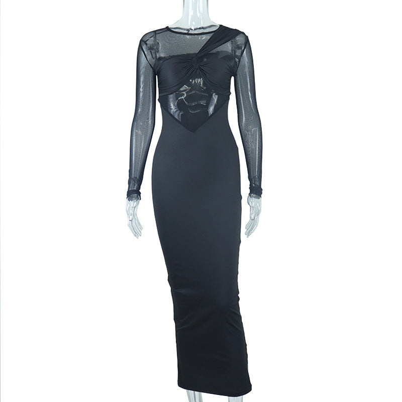 Women's Round Neck Mesh Stitching Long-sleeved Mid-length Dress