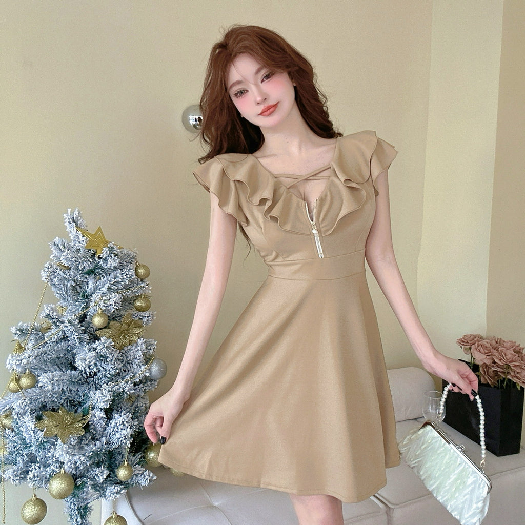 Cut Zipper Decorations Swing Slimming Front Dress