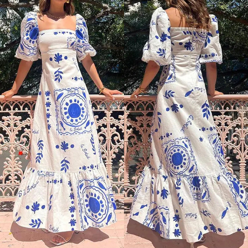 Women's Spring Elegant Fashion Lantern Sleeve Printing Dress