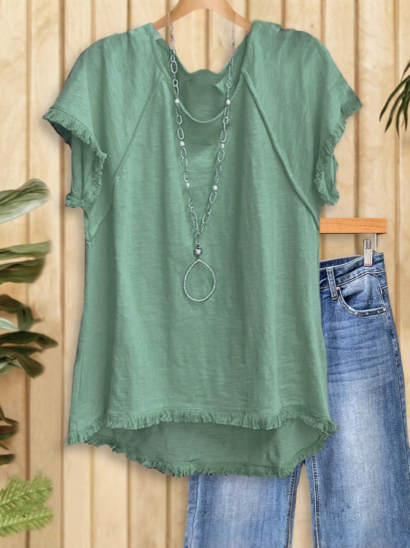 Women's Solid Color Cotton Tassel Design Sleeve Crew Neck Women's Sweater