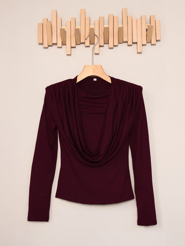 Women's Pleated Waist Tight Swing Collar Long-sleeved Beautiful Women's T-shirt