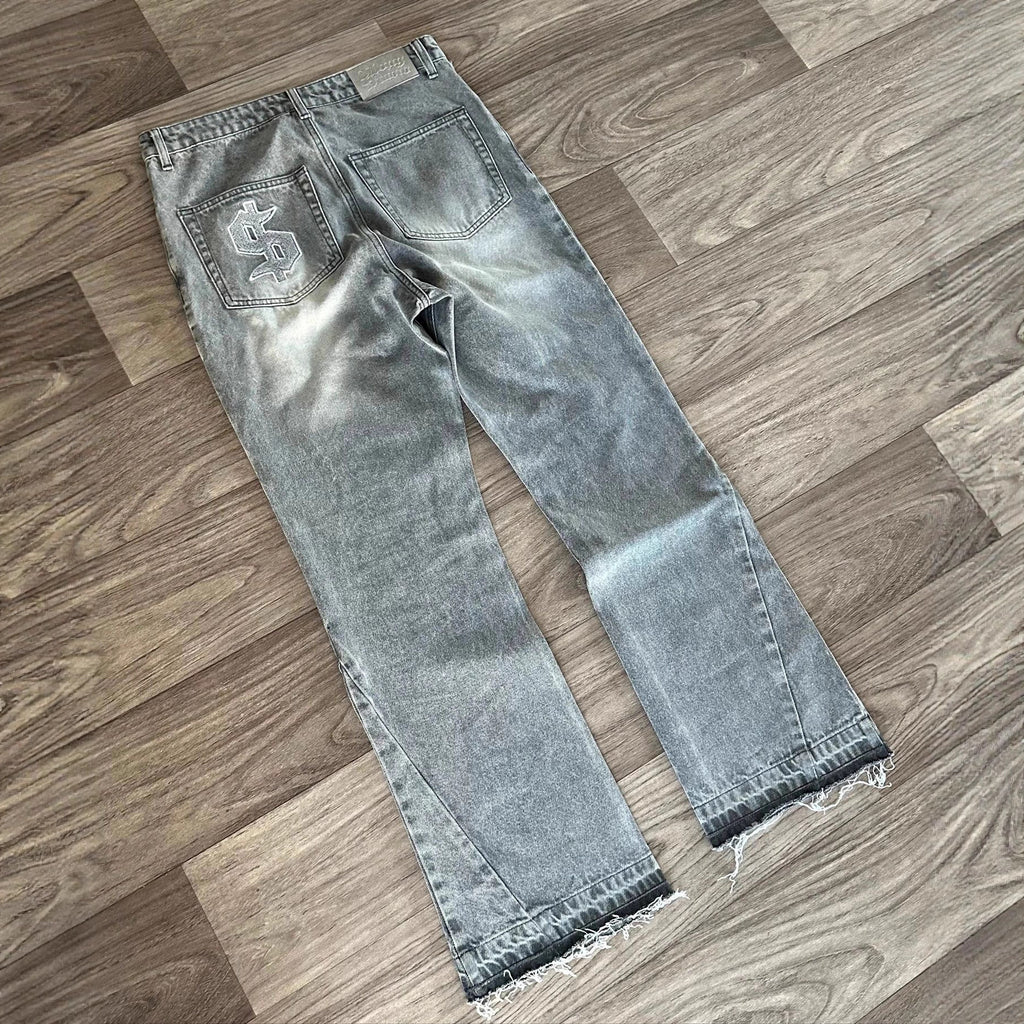 Retro American High Street Washed Old Raw Hem Personality Casual Women's Jeans