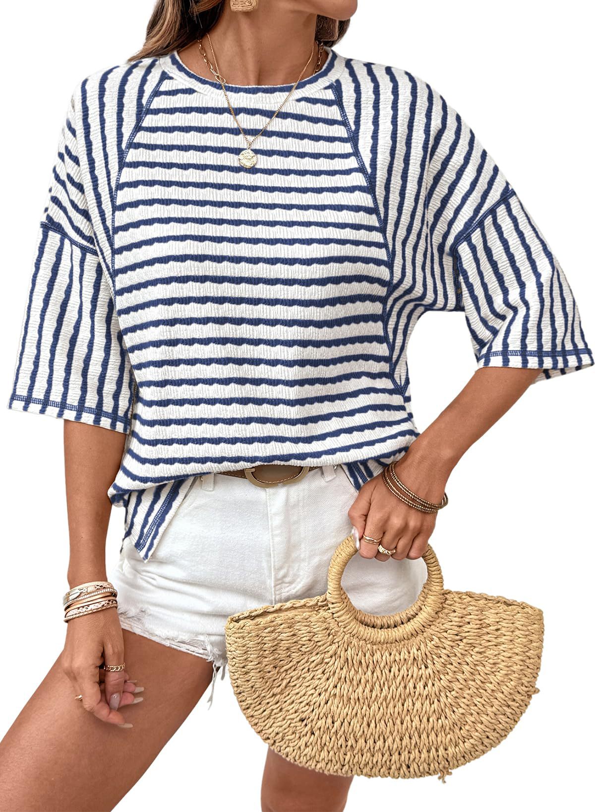Women's Summer Pullover Simple Striped Half Sleeve Women's T-shirt