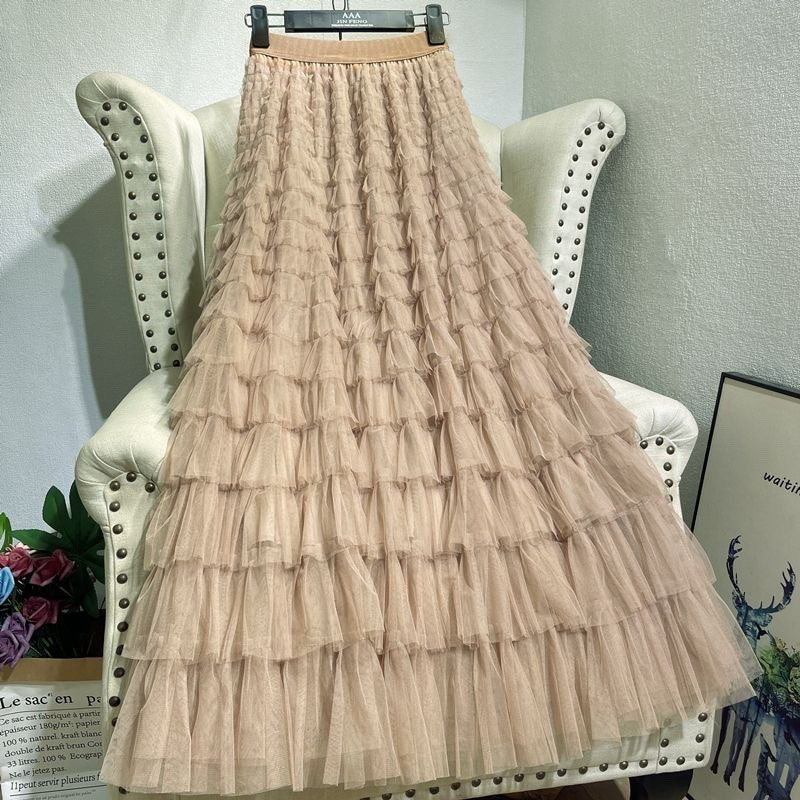 Women's Long Autumn Elegant Solid Color High Waist Net Yarn Cake Skirts