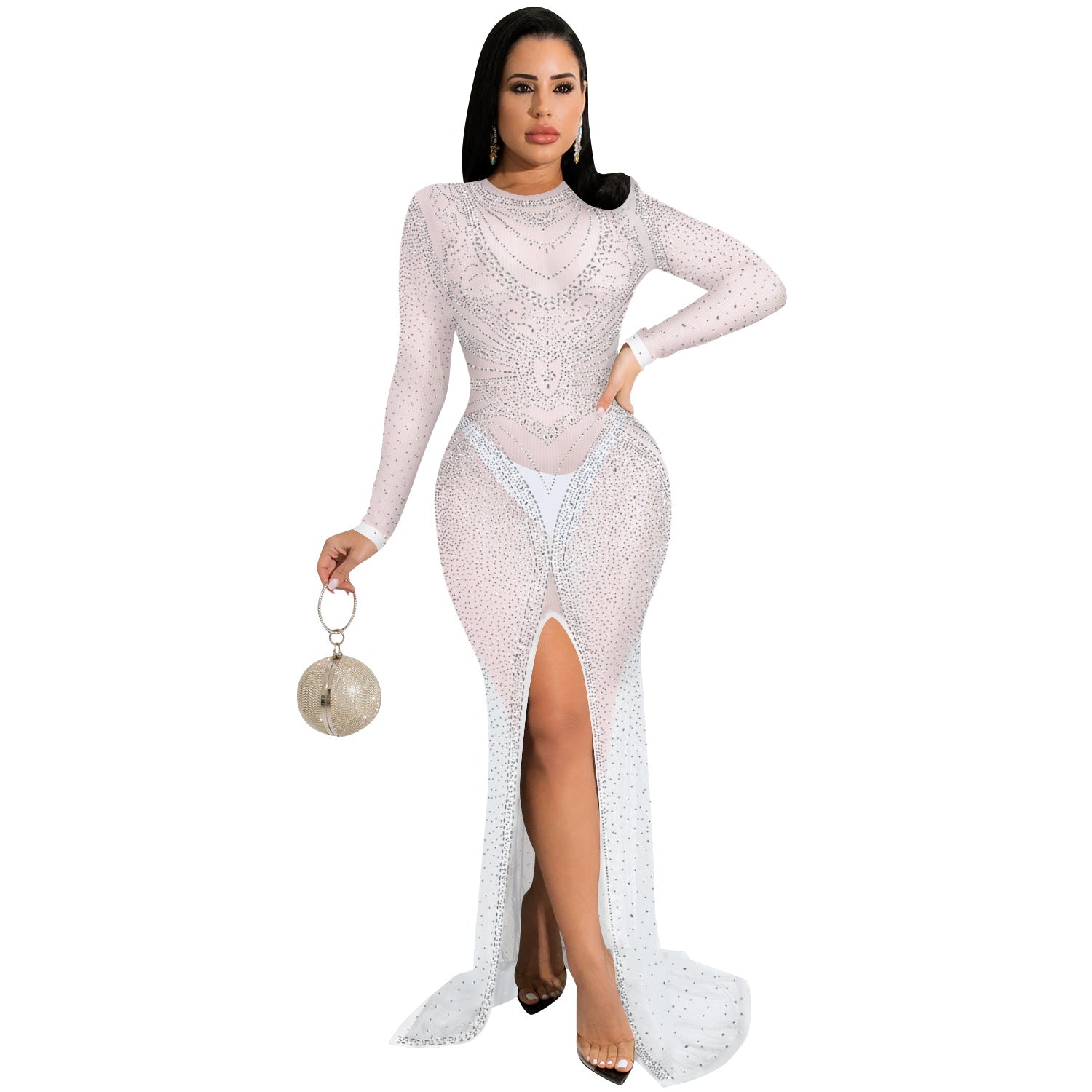 Women's Fashion Nightclub Hot Drilling Mesh Long Sleeve Split Dress