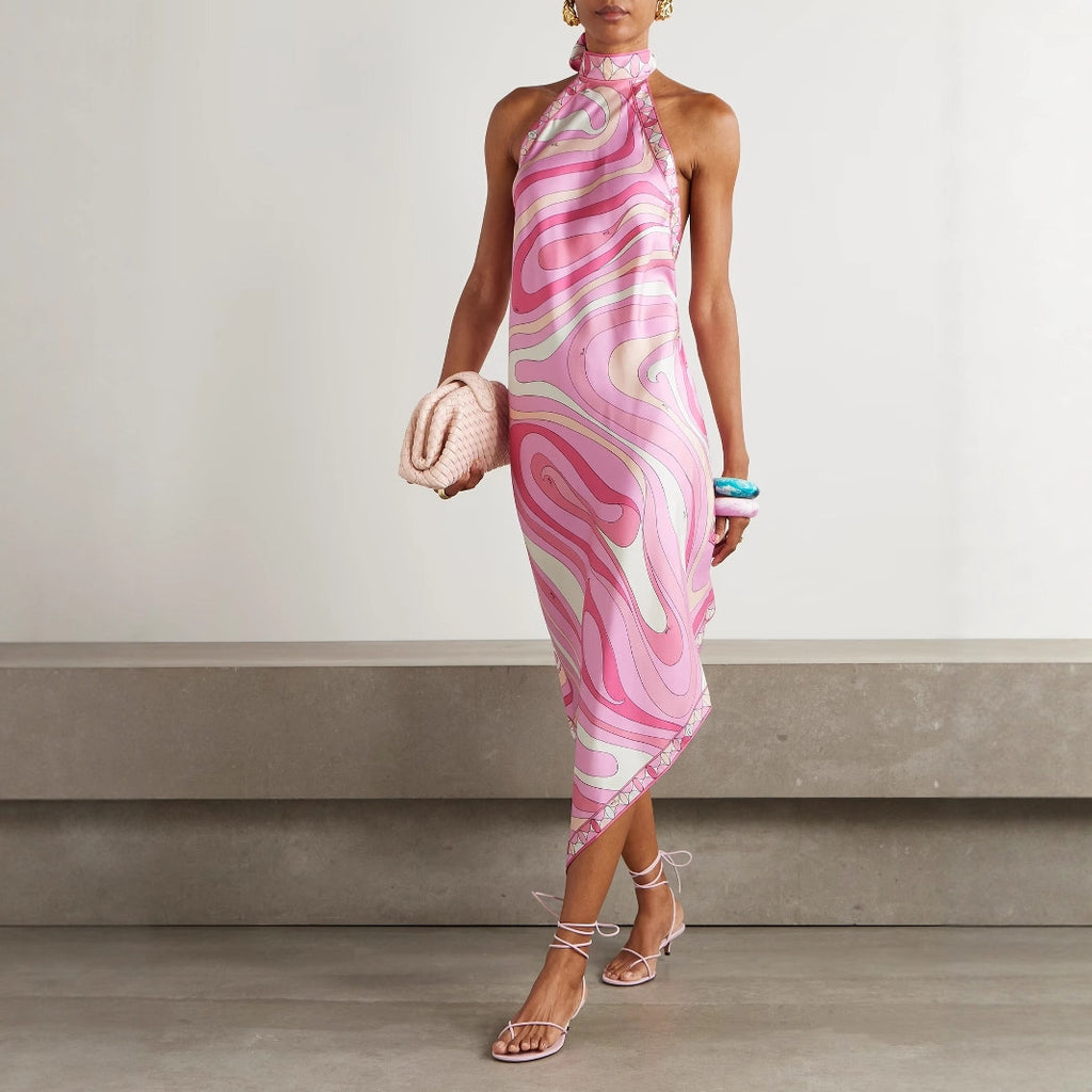 Women's Summer Sexy Halter Backless Print Satin Vacation Beach Dress