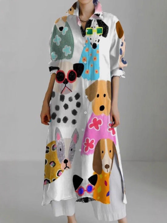 Women's Casual Abstract Printing Long Sleeve Slit Shirt Blouse