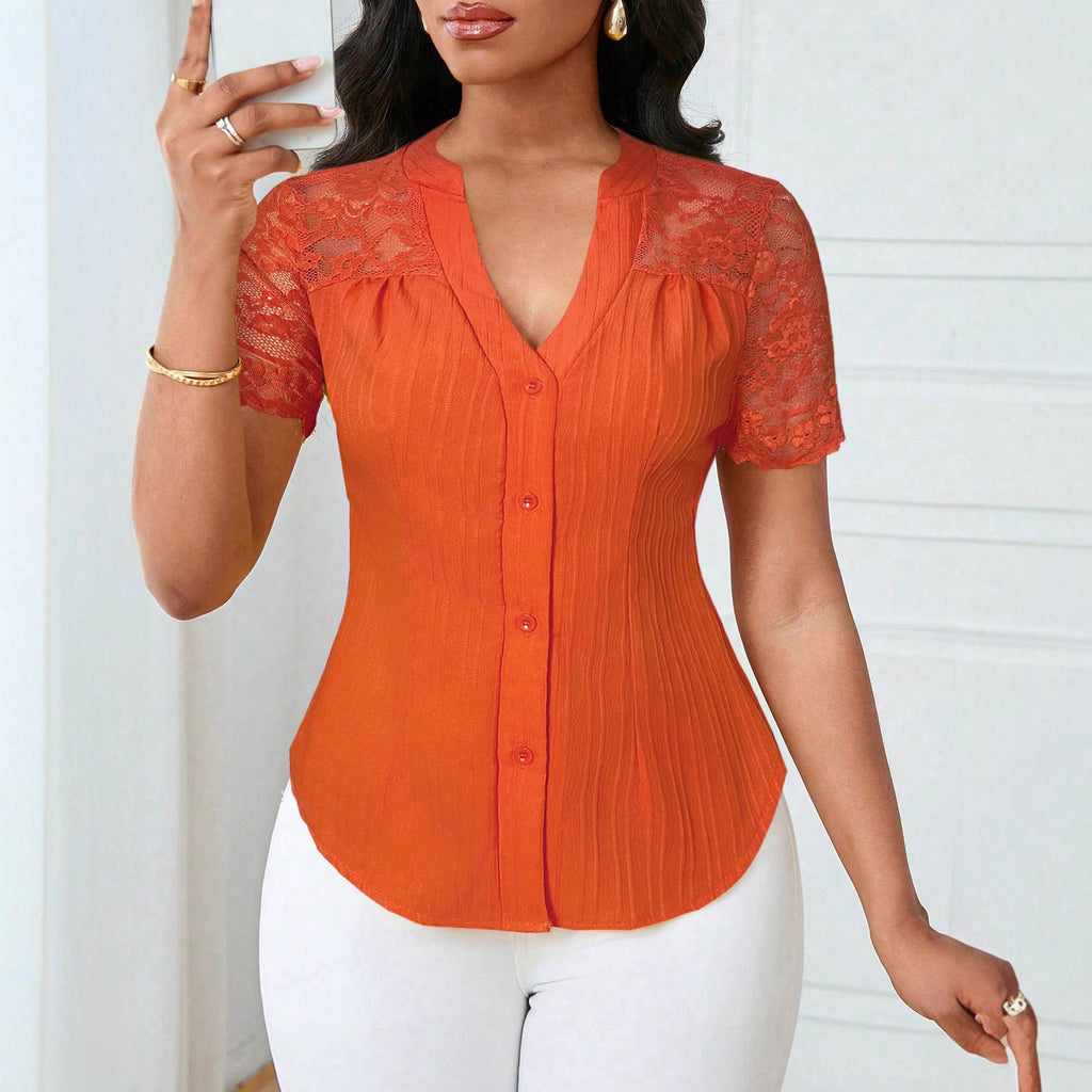 Women's Fashion Single-breasted Solid Color Embroidery Hollow Tops