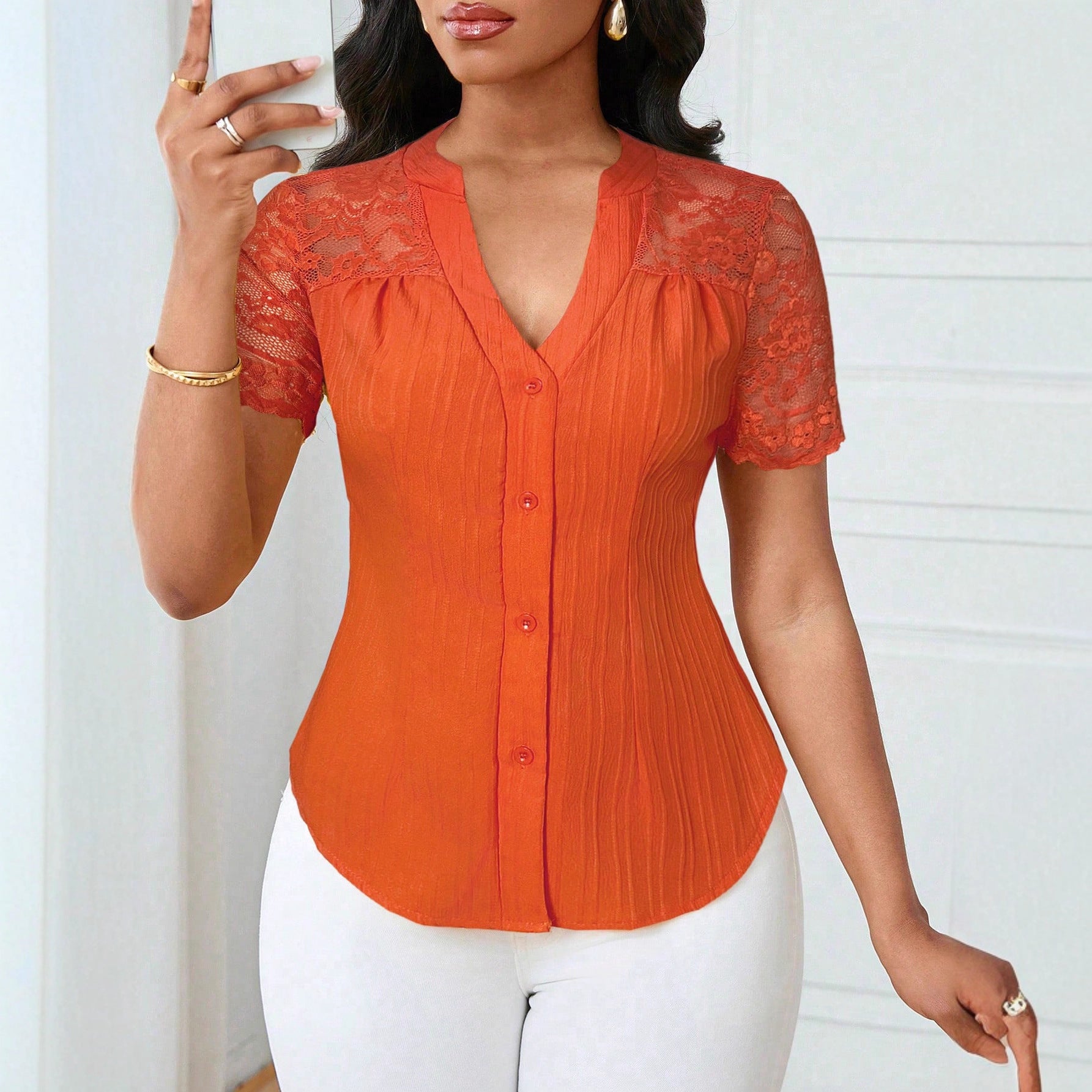 Women's Fashion Single-breasted Solid Color Embroidery Hollow Tops