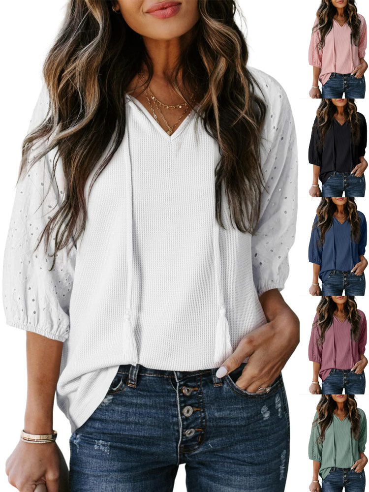 Women's Summer Jacquard Lantern Sleeve Color Matching Tops