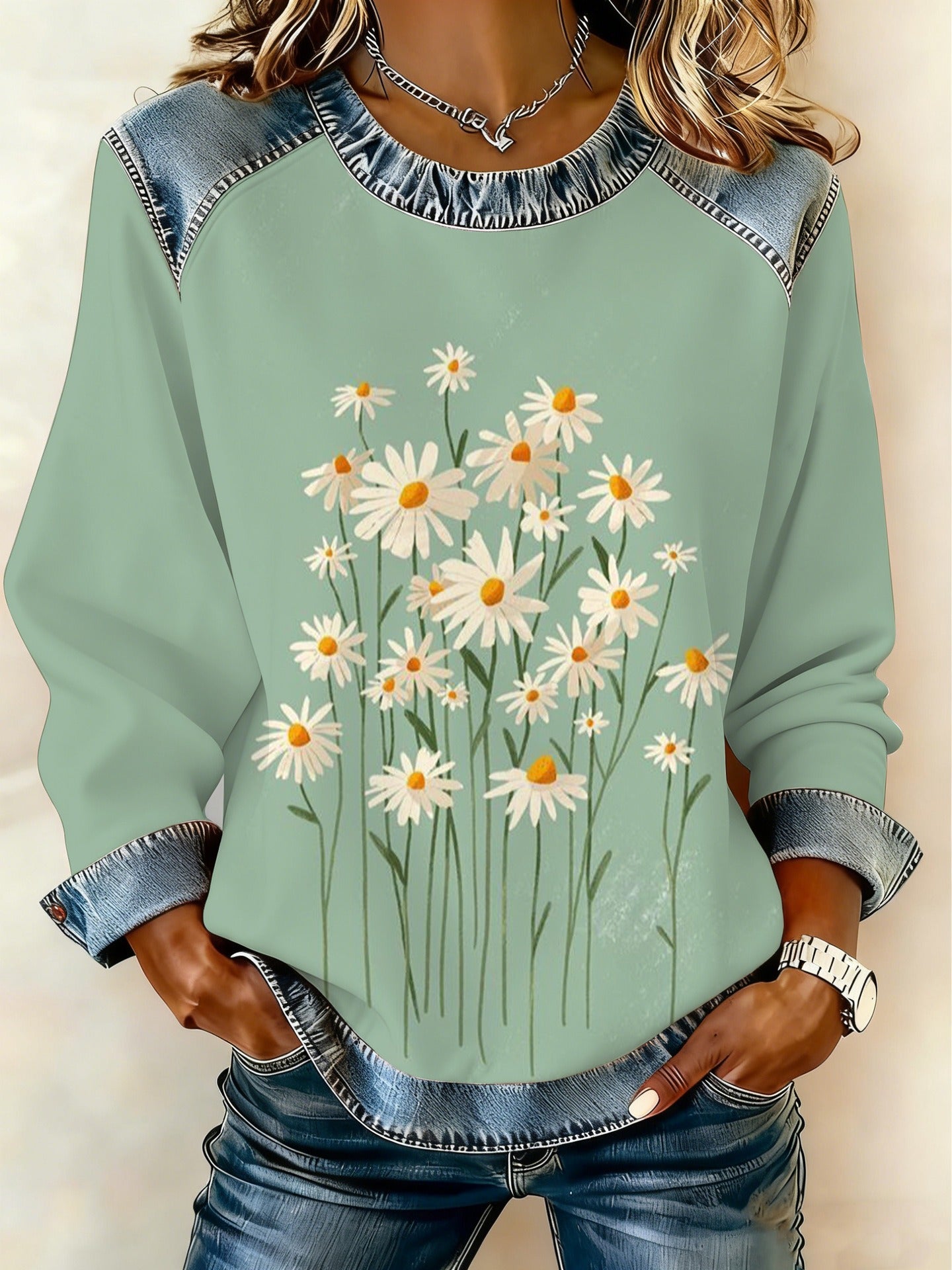 Digital Printing Cartoon Round Neck Long Sleeve Women's T-shirt