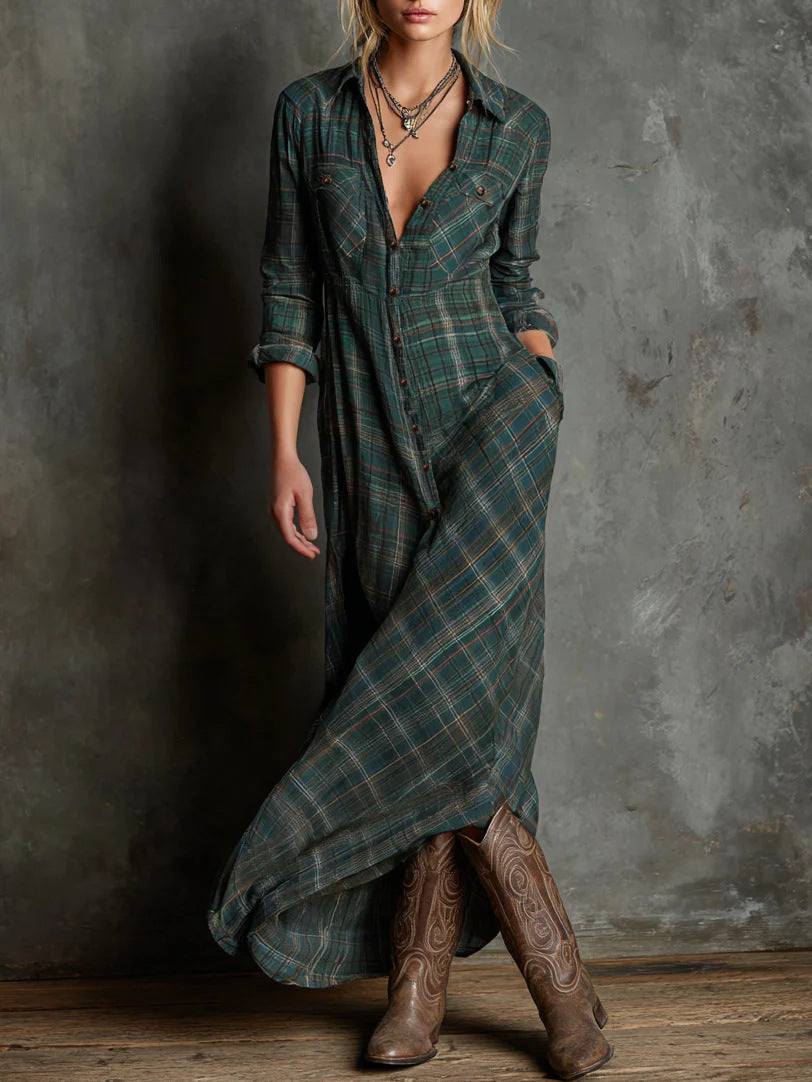 Women's Elegant Long Sleeve Plaid Shirtdress Fashion Dress