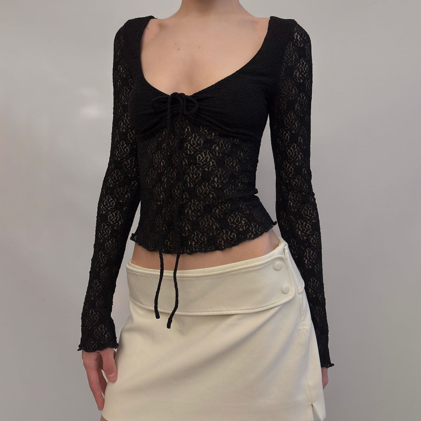 Women's Style Gentle Lace Patchwork Long Sleeve Slim Fit Show Thin Tops