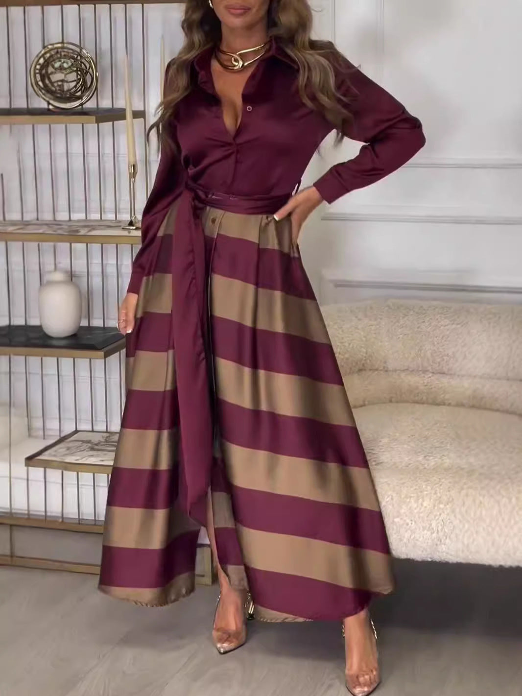 Women's Autumn Long Elegant Lace Printing Stitching Clothing