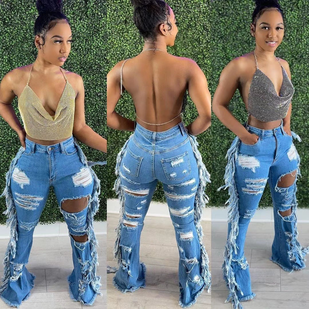 Summer Long With Holes Washed Tassels Women's Jeans