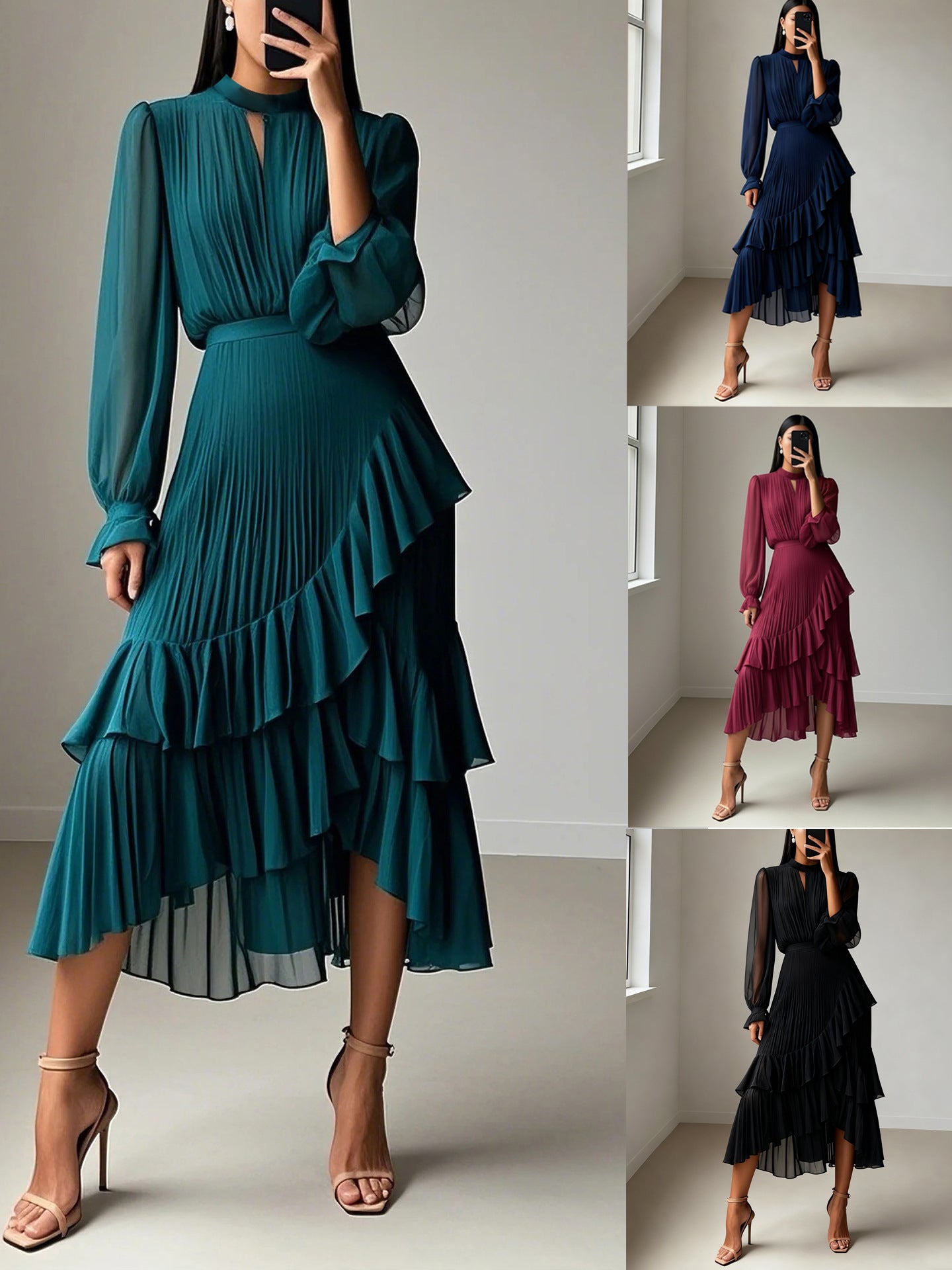 Solid Color Ruffled Pleated Formal Mid-length Dress