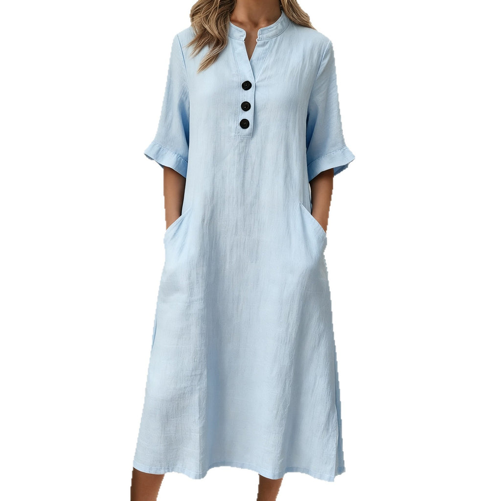 Cotton Linen Stand Collar Ornament Sleeve Dress