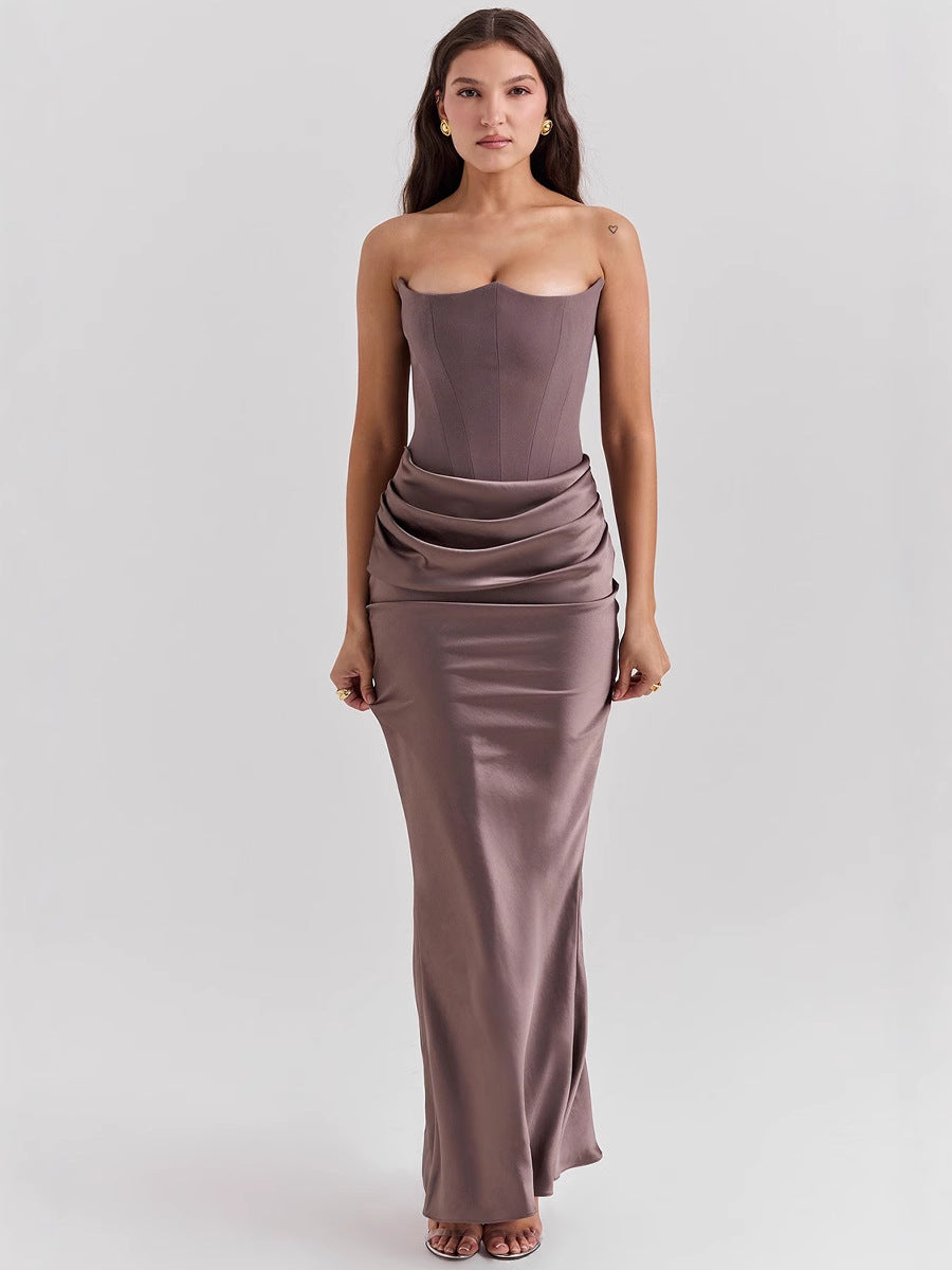 Waist Tube Fishbone Pleated Long Sheath One-piece Dress