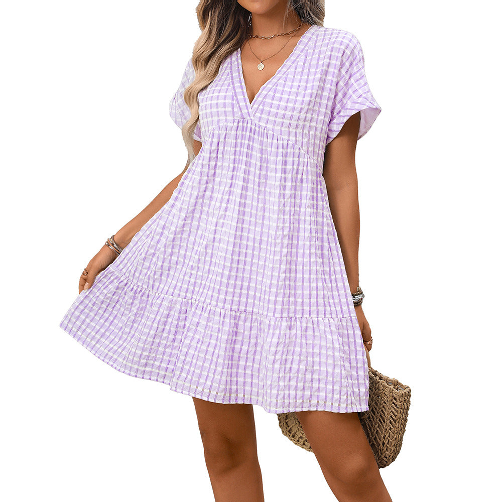Women's Summer Loose Casual Elegant Short-sleeved Plaid Dress