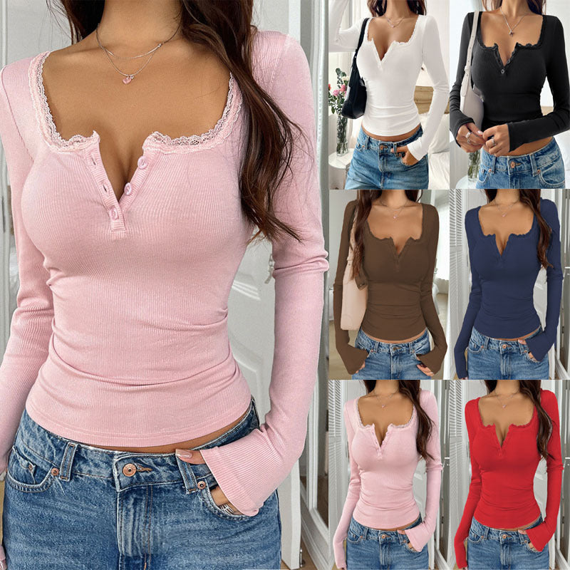 Lace Button V Fashion Sleeve Slim Women's T-shirt