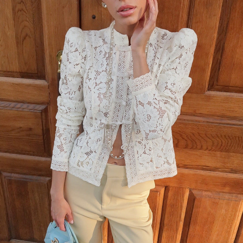 Women's Lace Crochet Stand-up Collar Slim Fit Shirt Blouse