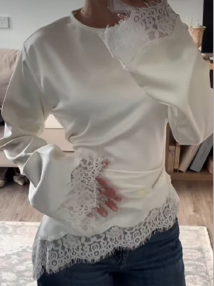 Women's Satin Lace Patchwork Round Neck Long Sleeves Tops