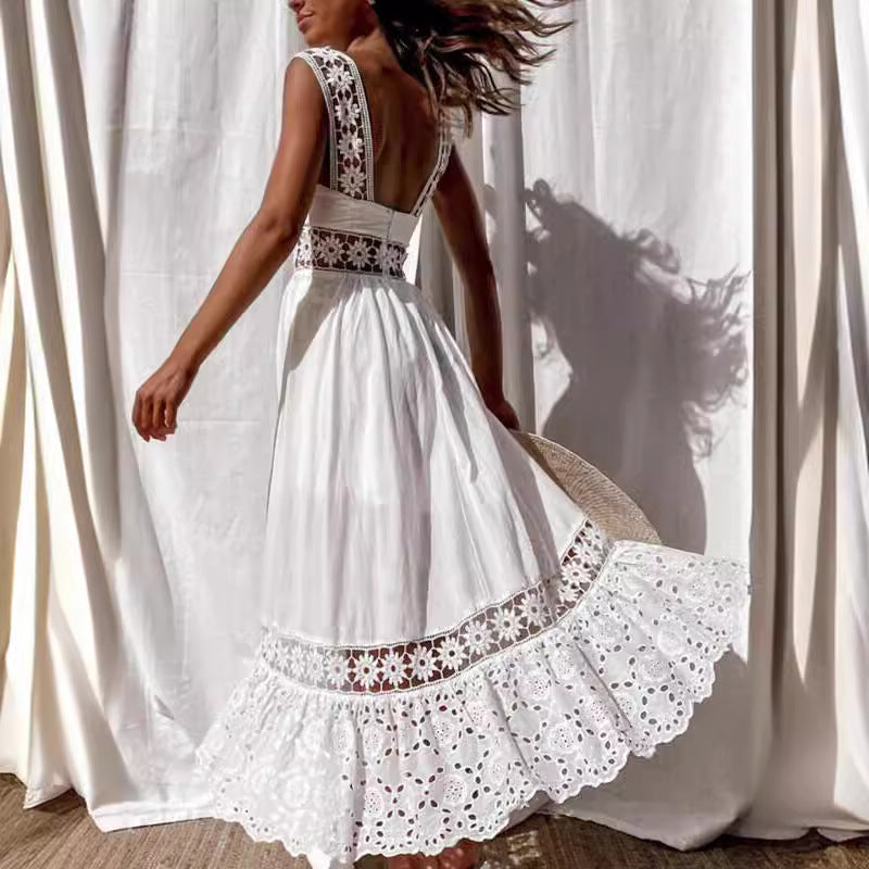 Fashion Lace Sleeveless Stitching Big Swing Dress