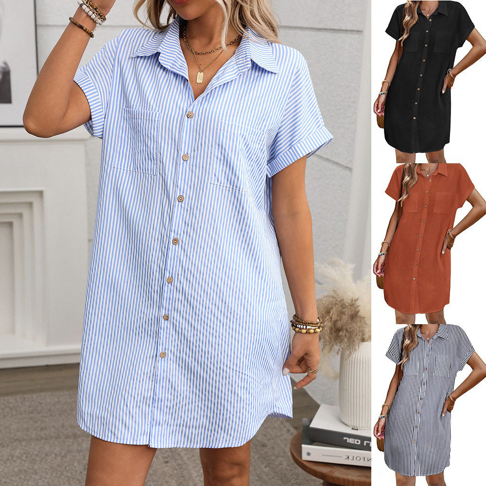 Women's Summer Short-sleeved Striped Cotton Linen Mid-length Dress