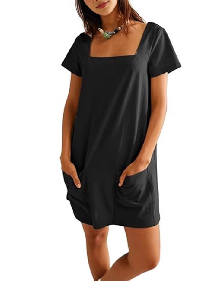 Women's Square Collar Sleeve Fashion Pocket Casual Shorts