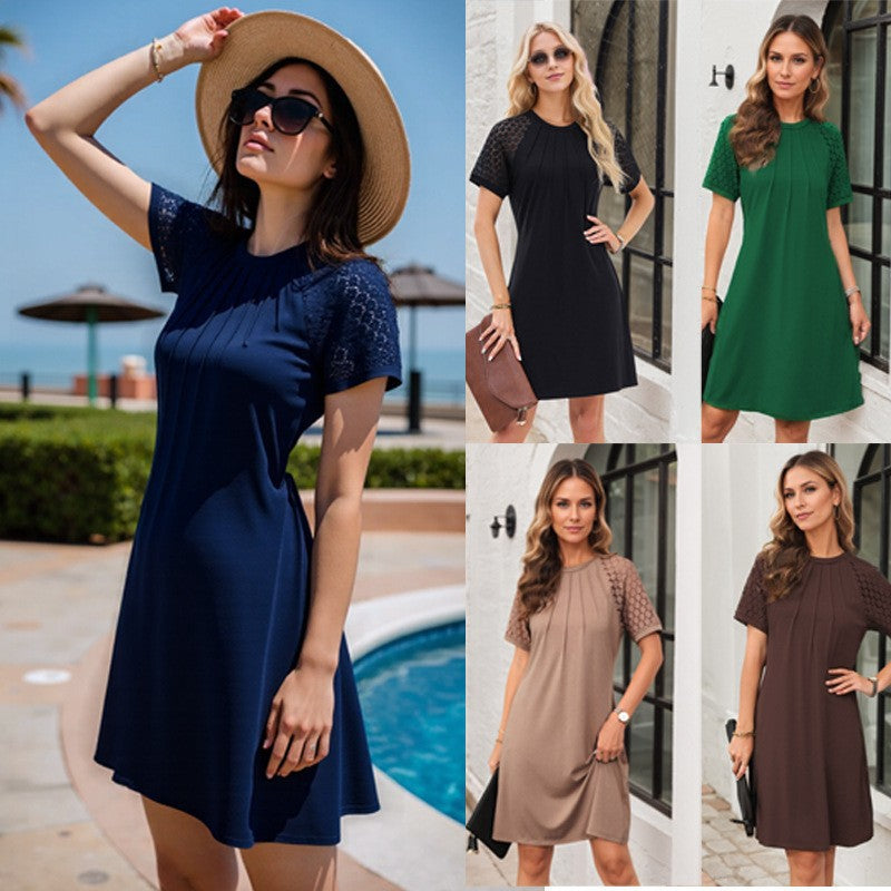 Women's Solid Color Ruffled Sleeves Round Neck Dress
