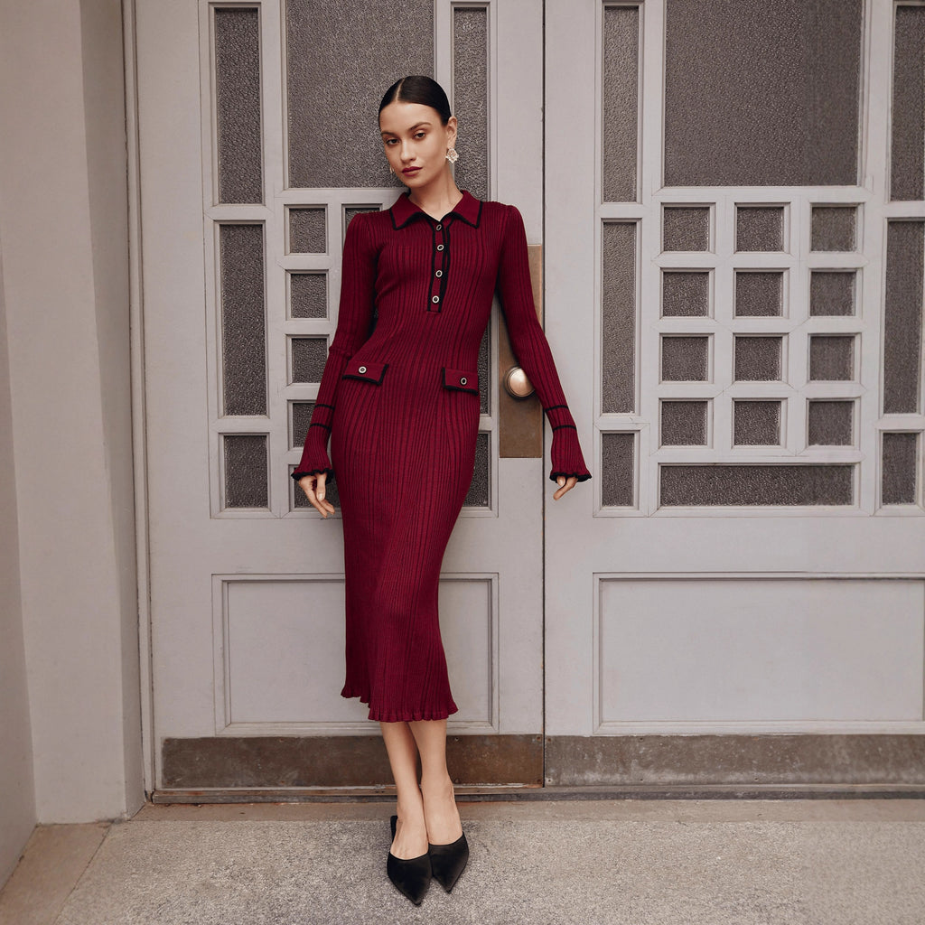 Entry Lux Ruffled Knitted Woolen Lapel Tight Dress