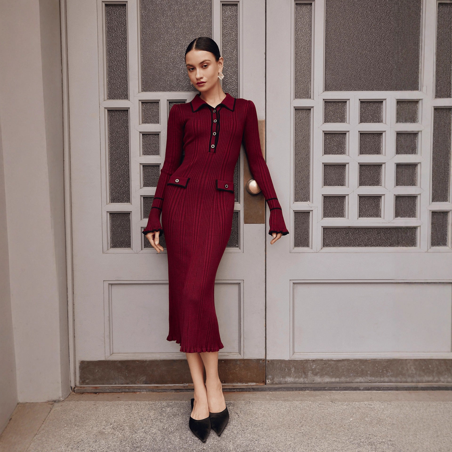 Entry Lux Ruffled Knitted Woolen Lapel Tight Dress
