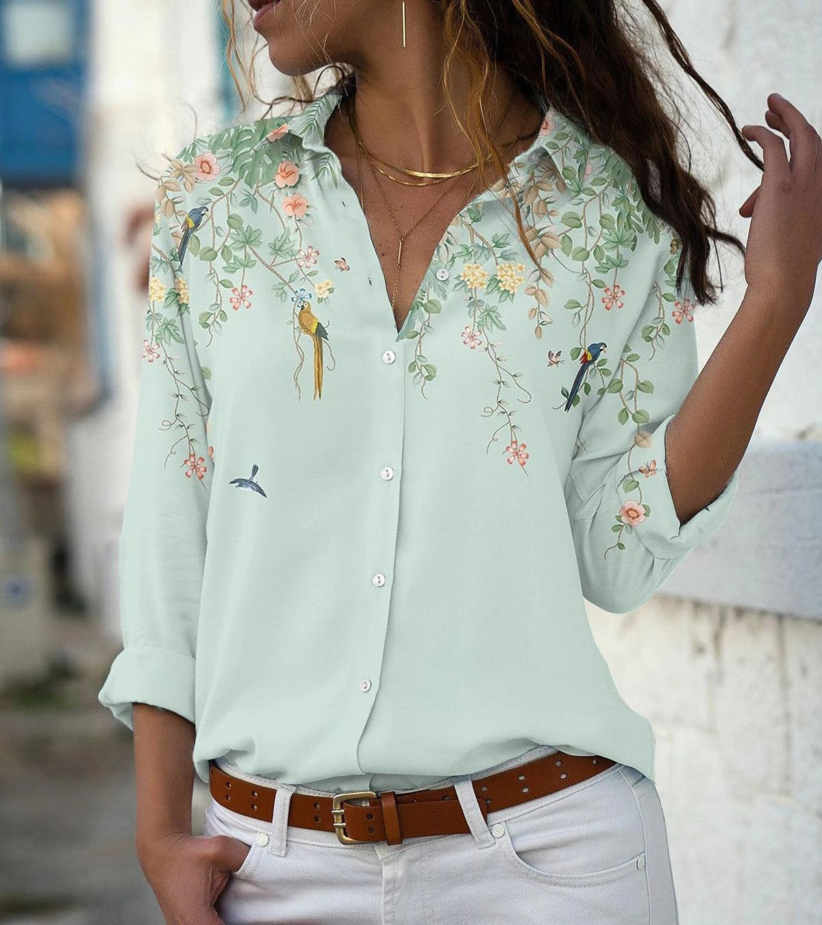 Women's Loose Lapel Long Sleeves Single-breasted Shirt Elegant Blouse
