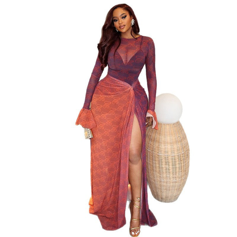 Women's Summer Thin Slightly Transparent Sheath Asymmetric Round Neck Pleated Long Skirts